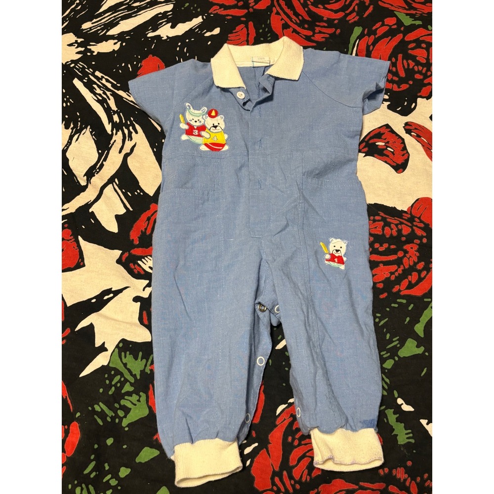 Vintage Baby Boy Fireman Teddy Bear Romper Blue 6-9 Months Short Sleeve Romper
